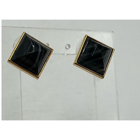 Henri Bendel Gold Plated Black Onyx Pyramid Studs Earrings - Picture 8 of 15